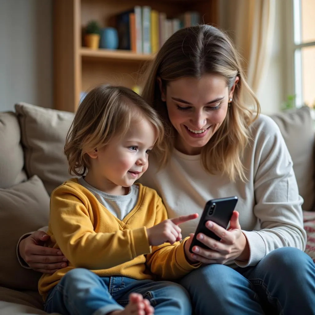 Parent supervising child using a smartphone