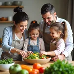 Parents teaching children healthy eating habits