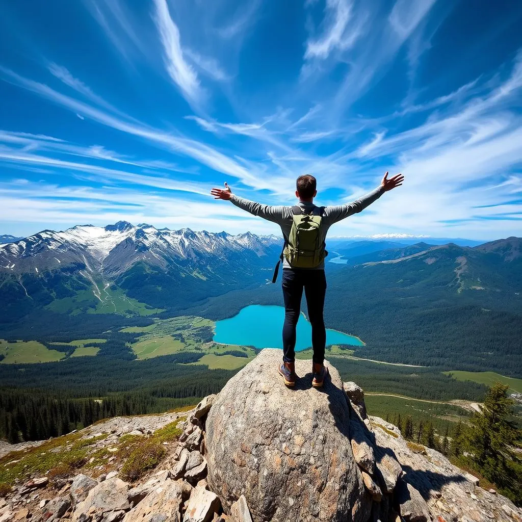 Person marveling at a breathtaking mountain view