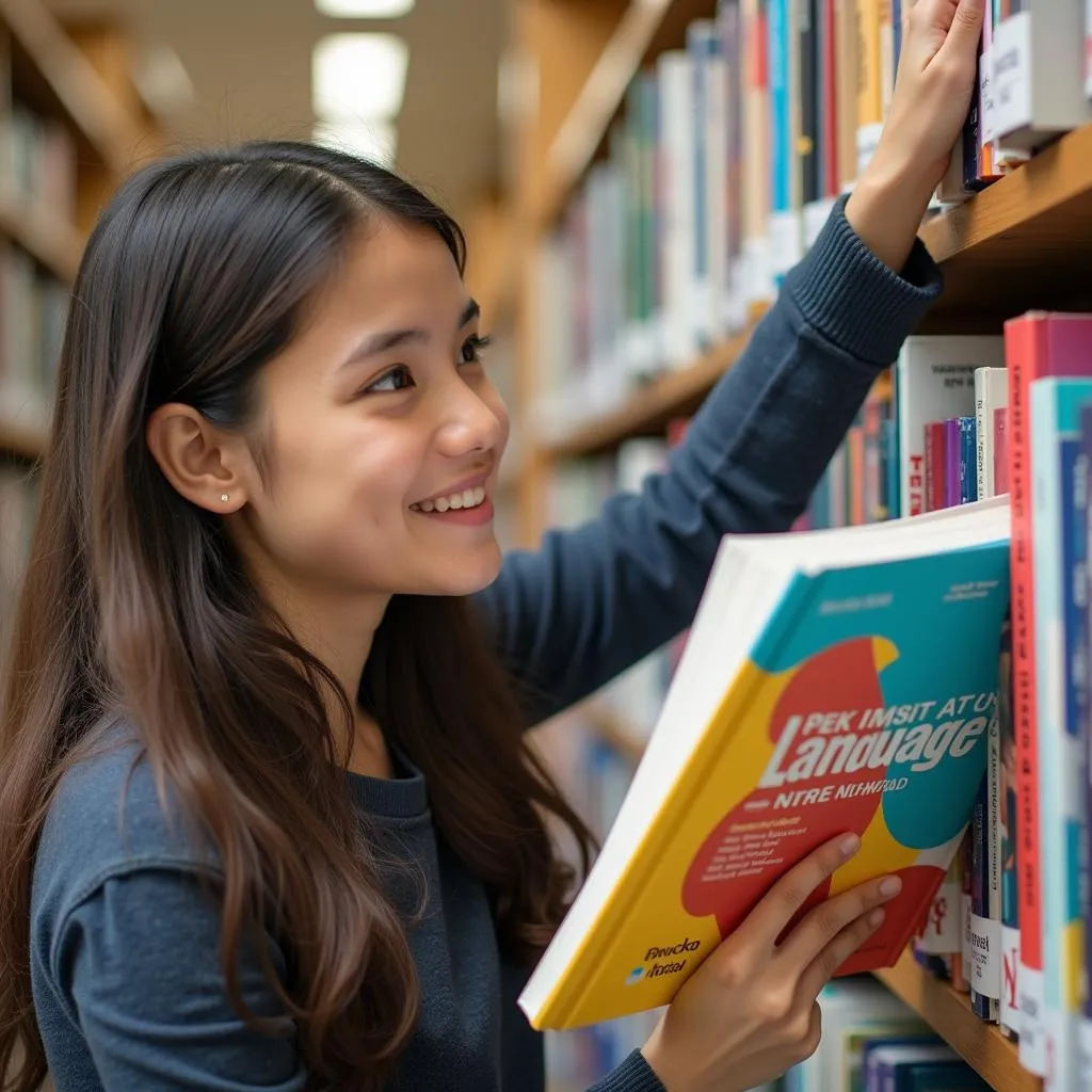 Person picking up a language book