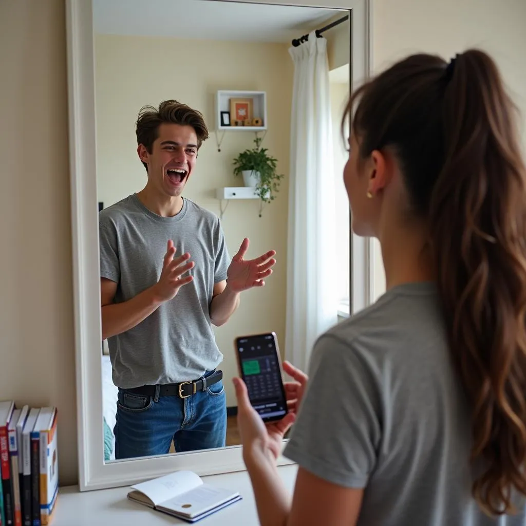 Person practicing IELTS speaking in front of mirror