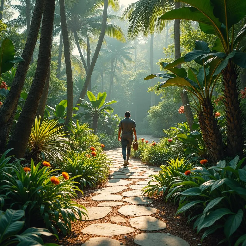 Person walking in a lush botanical garden