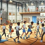 Students exercising in school gym during physical education class