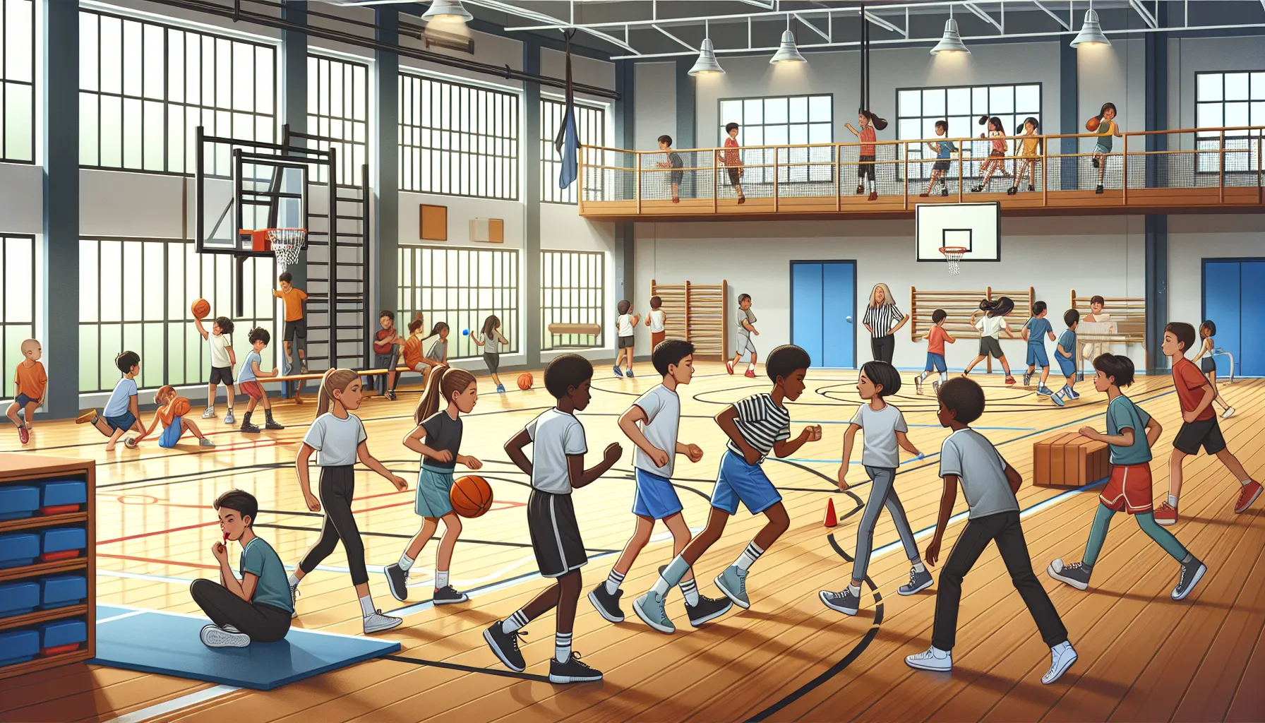 Students exercising in school gym during physical education class