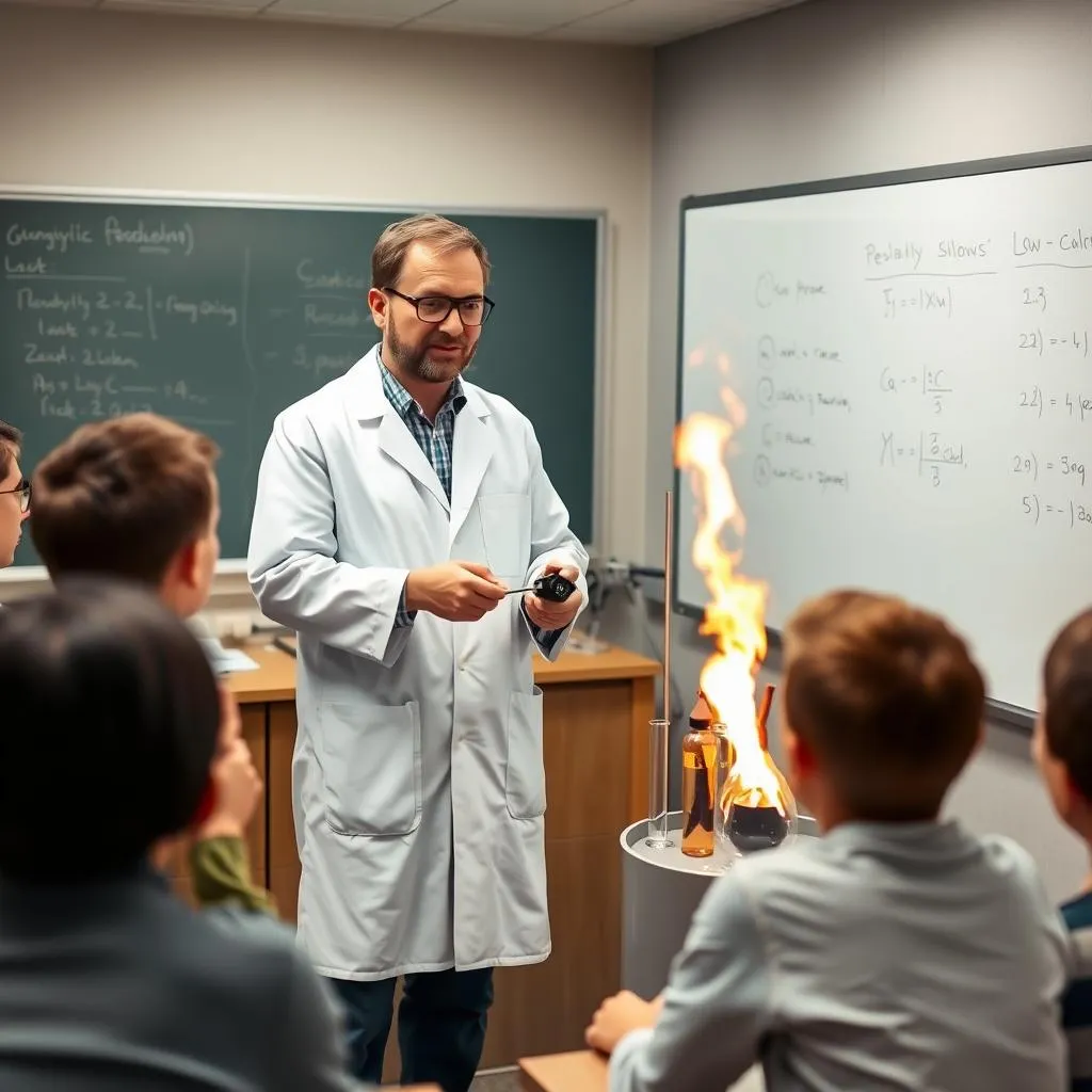 Physics teacher demonstrating experiment to engaged students