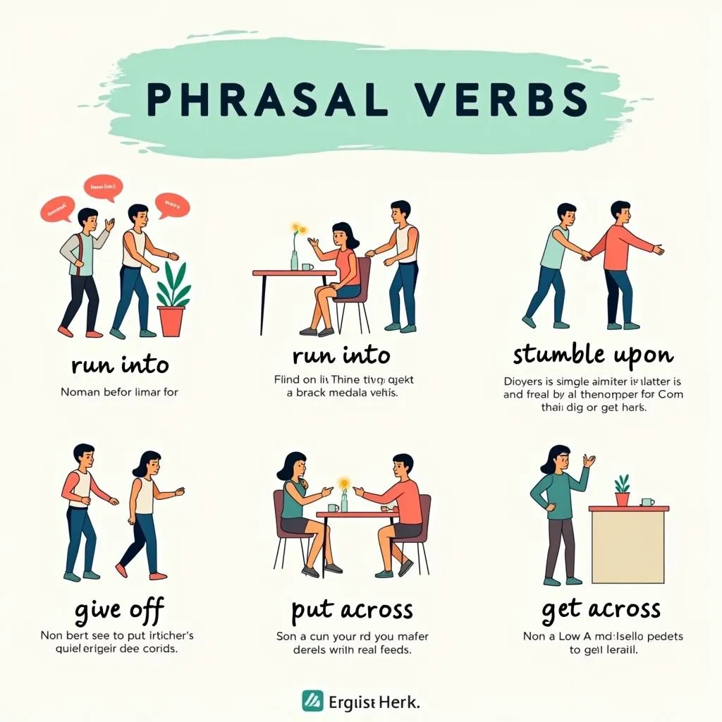 Infographic of related phrasal verbs to 'come across'