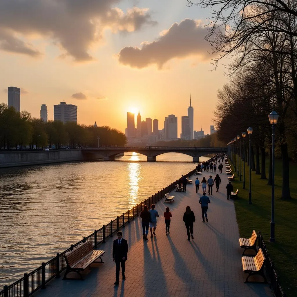 Relaxing riverside area in a hometown