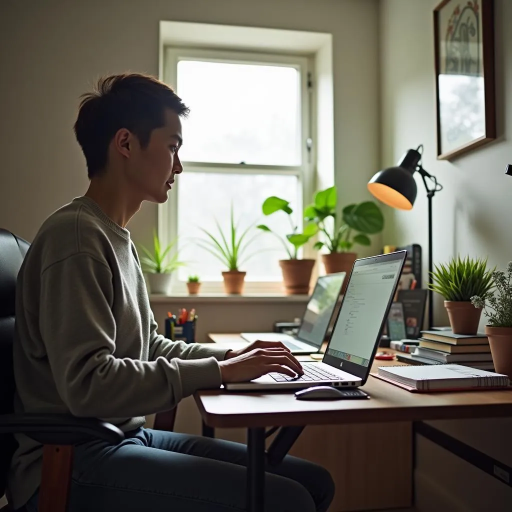 Remote worker using laptop in home office