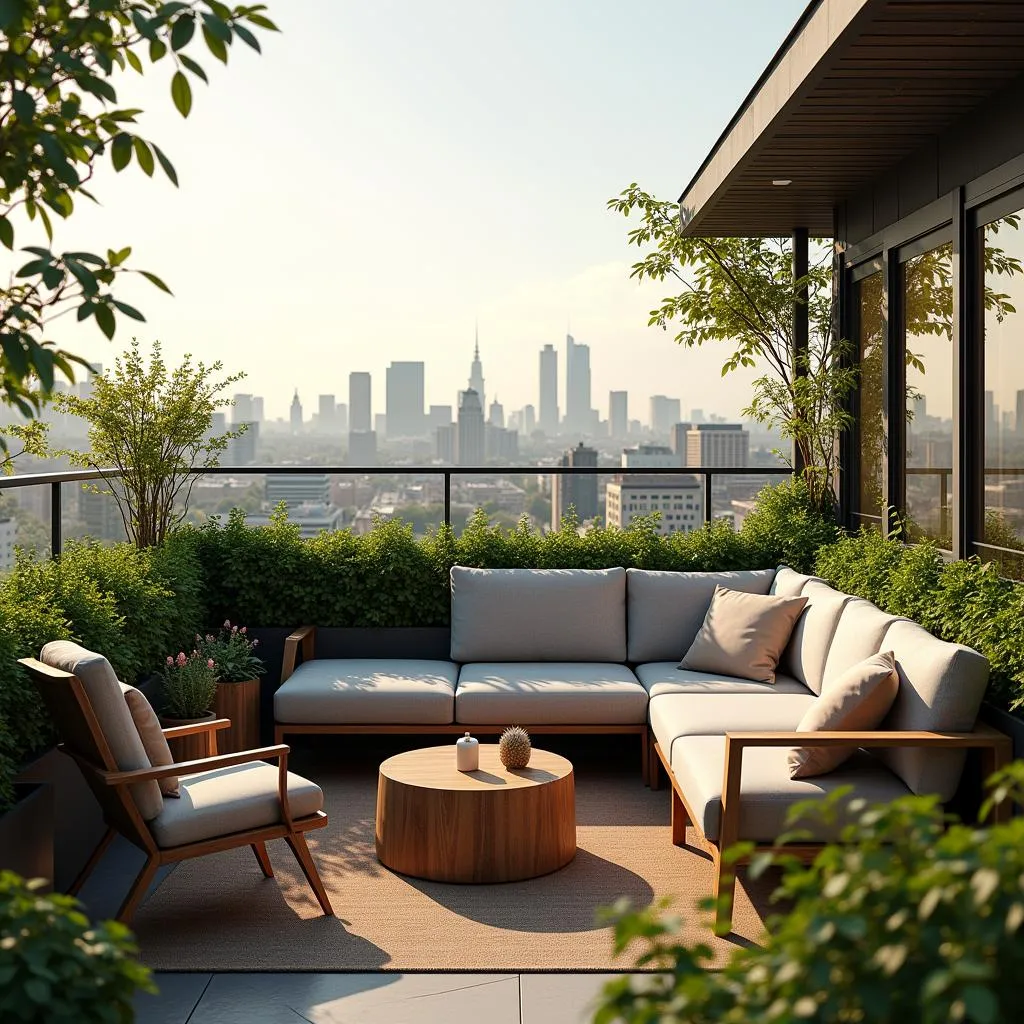 Rooftop garden study spot with panoramic city view