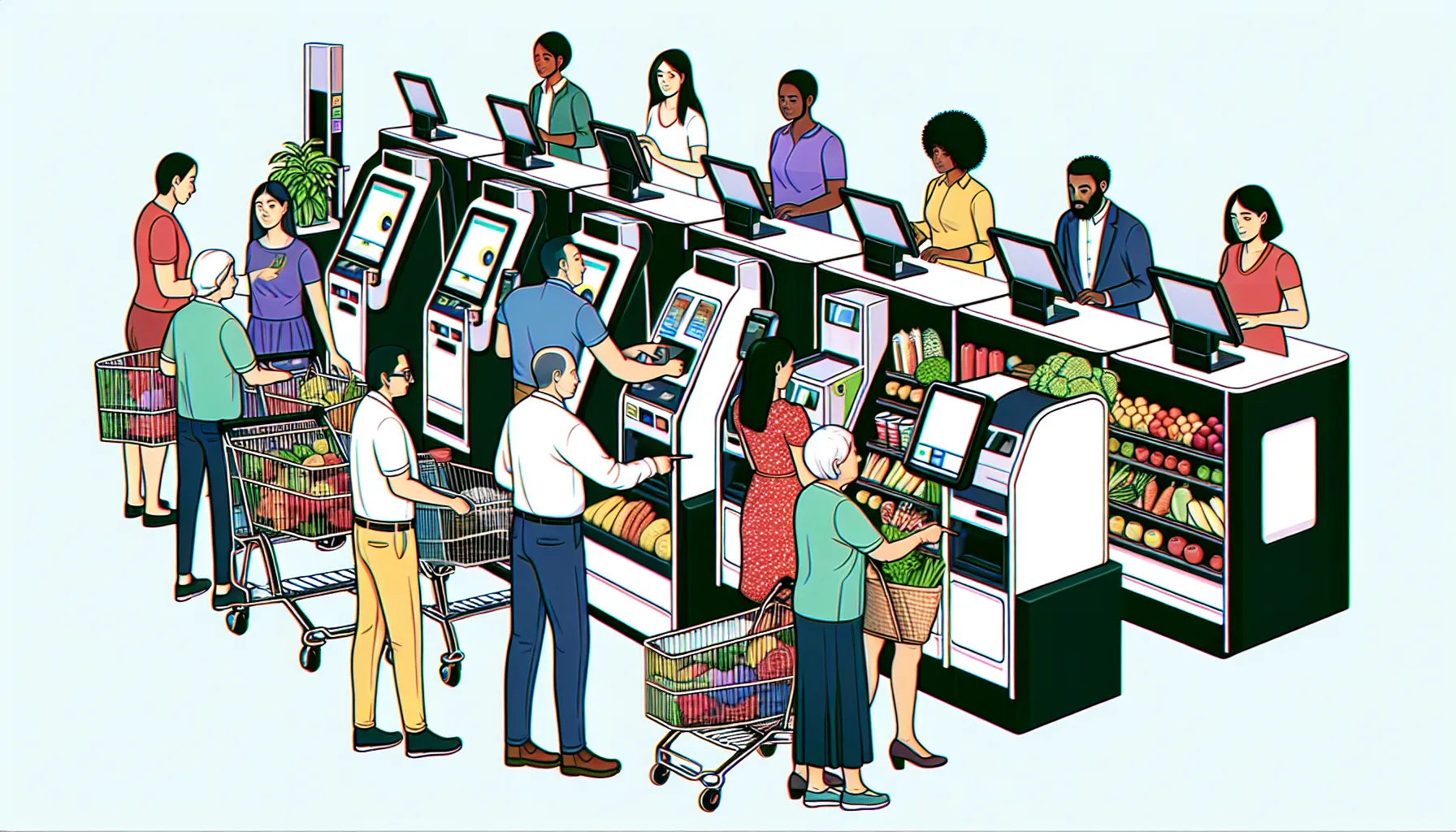 Self-checkout machines in supermarket