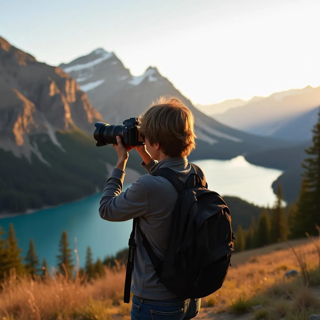 Person enjoying solo photography during nature walk