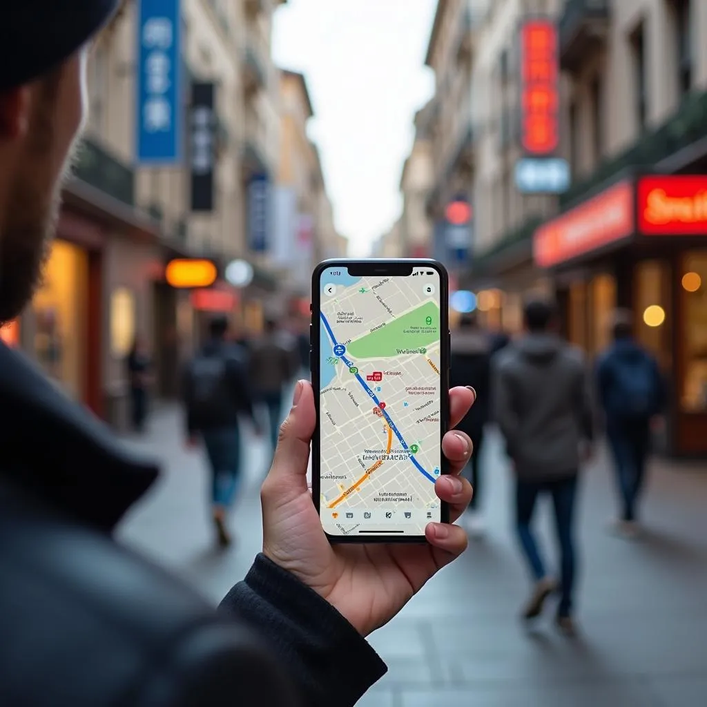 Solo traveler using smartphone app for navigation