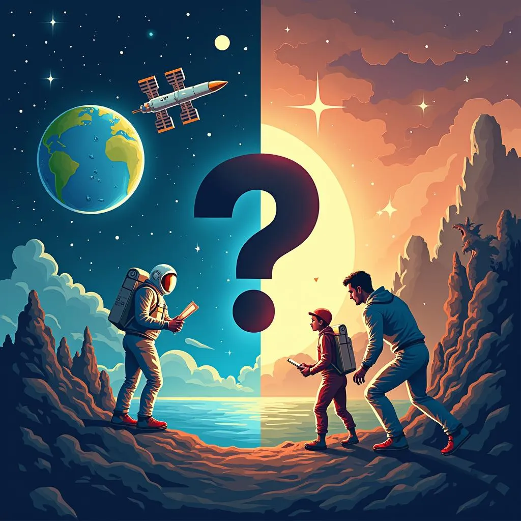 Illustration of space exploration debate