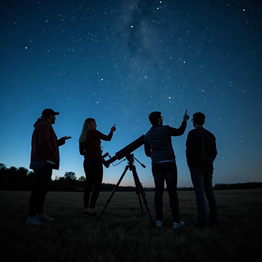 Group stargazing with telescope at night