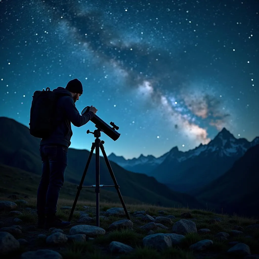 Stargazing with telescope under night sky