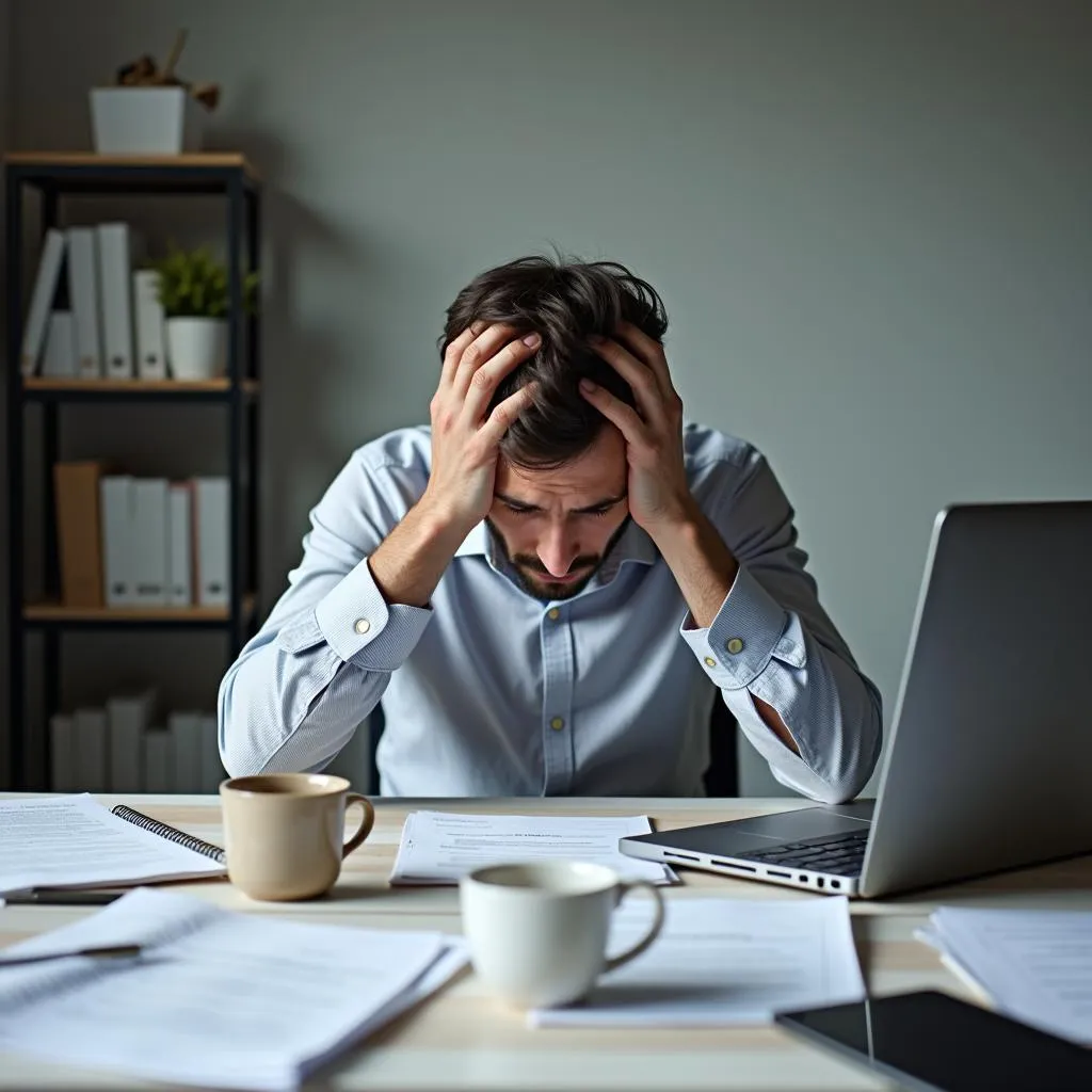 Stressed worker at desk showing signs of burnout