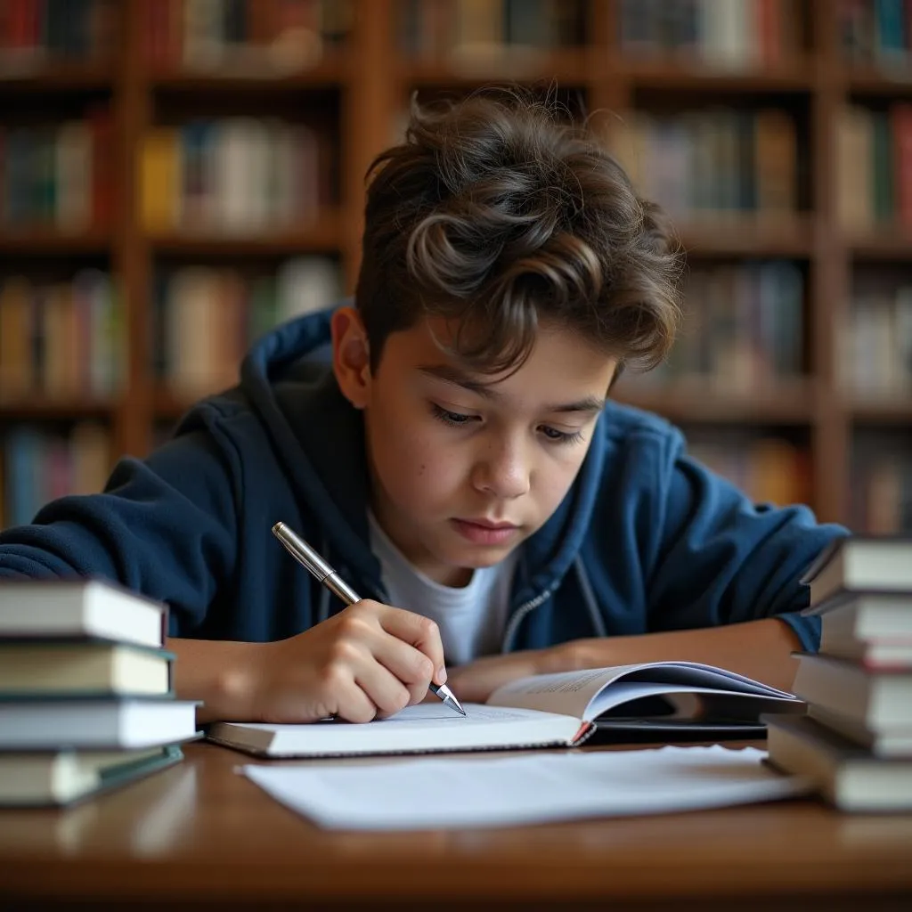 Focused Student Studying Diligently in Library