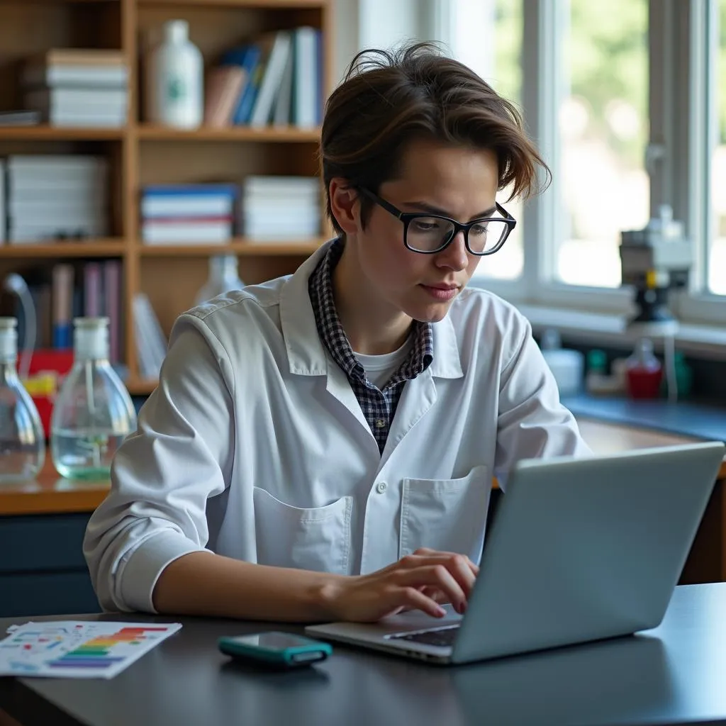 Student working on laptop in lab