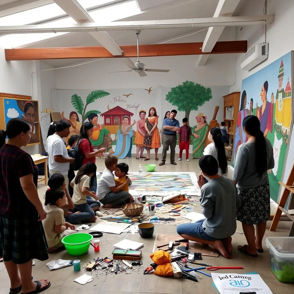 Students collaborating on a large-scale art project guided by local artisans