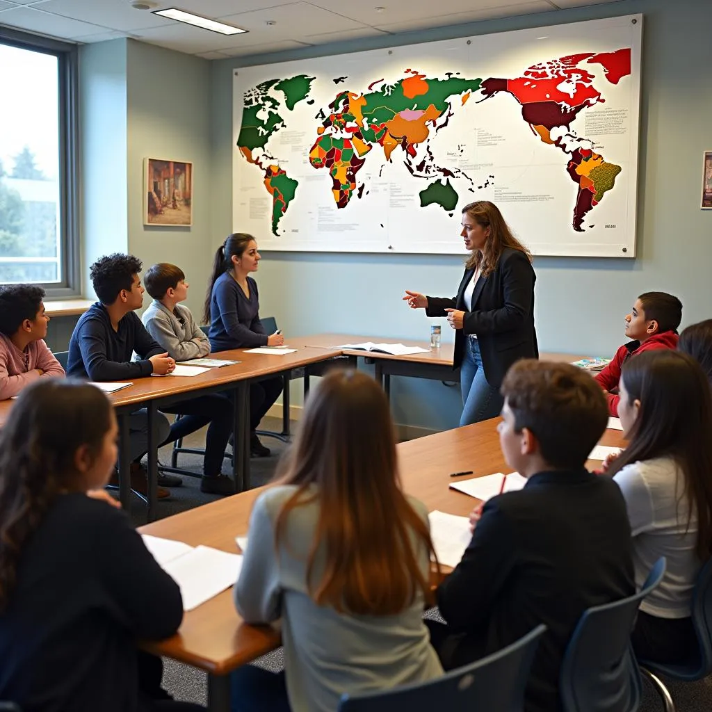 Students engaging with an art installation during a cultural lesson