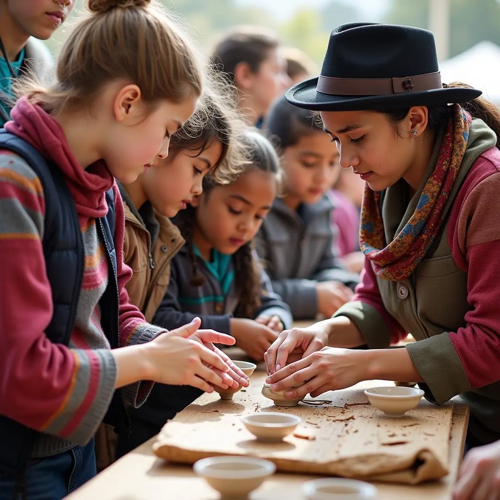 Students learning a traditional craft from artisans at a community festival