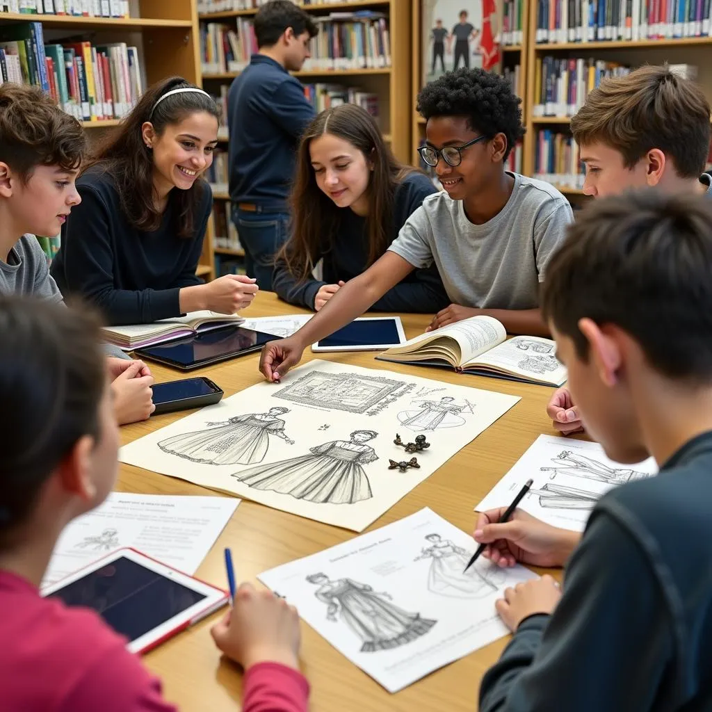 Students researching historical costumes and props