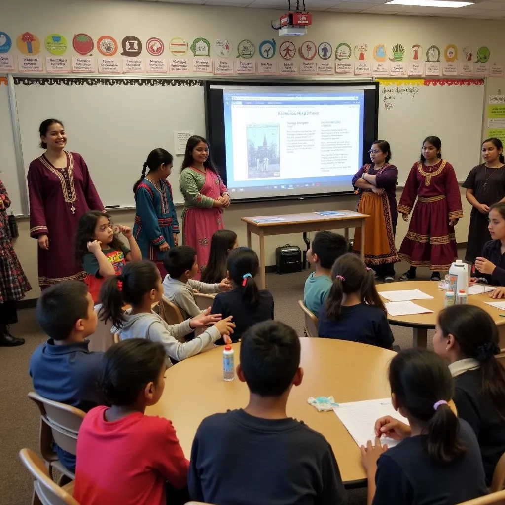 Students learning about cultural diversity through traditional clothing