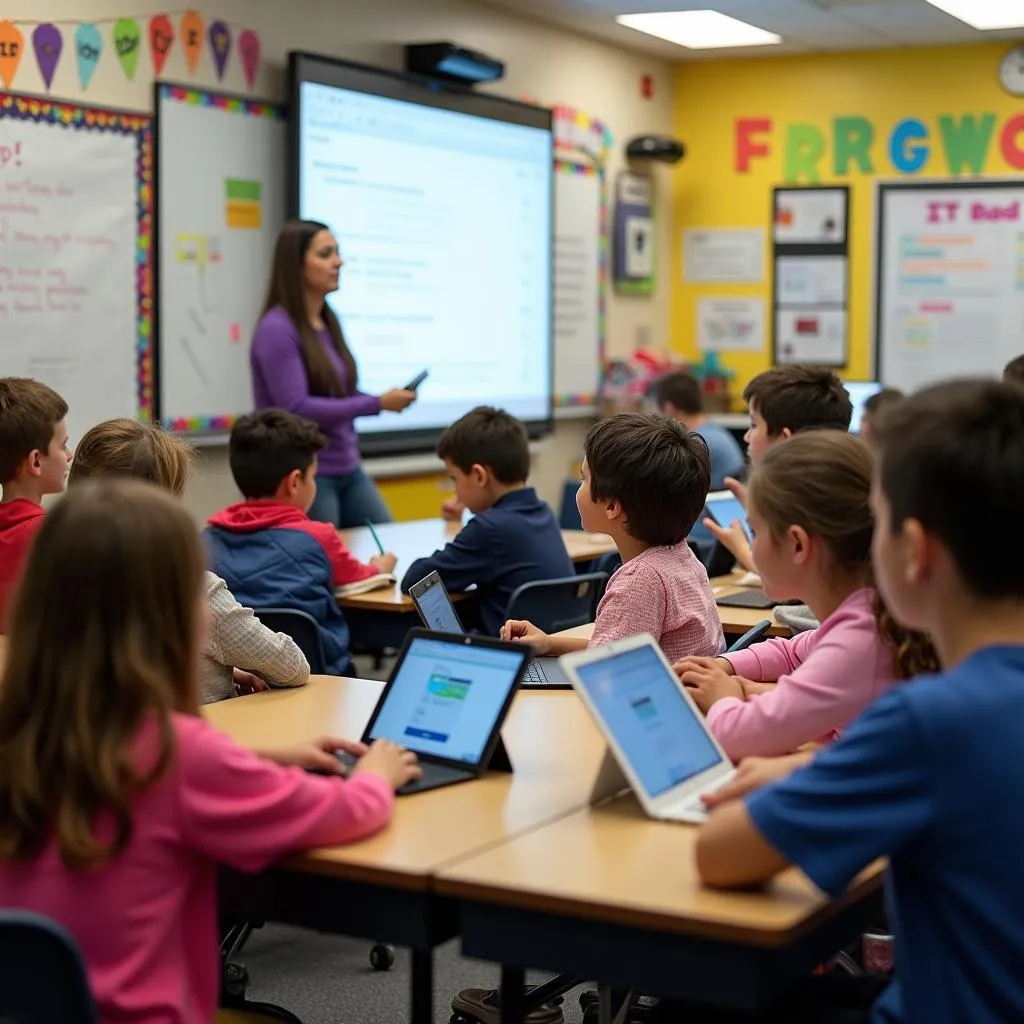 Students using technology in a modern classroom