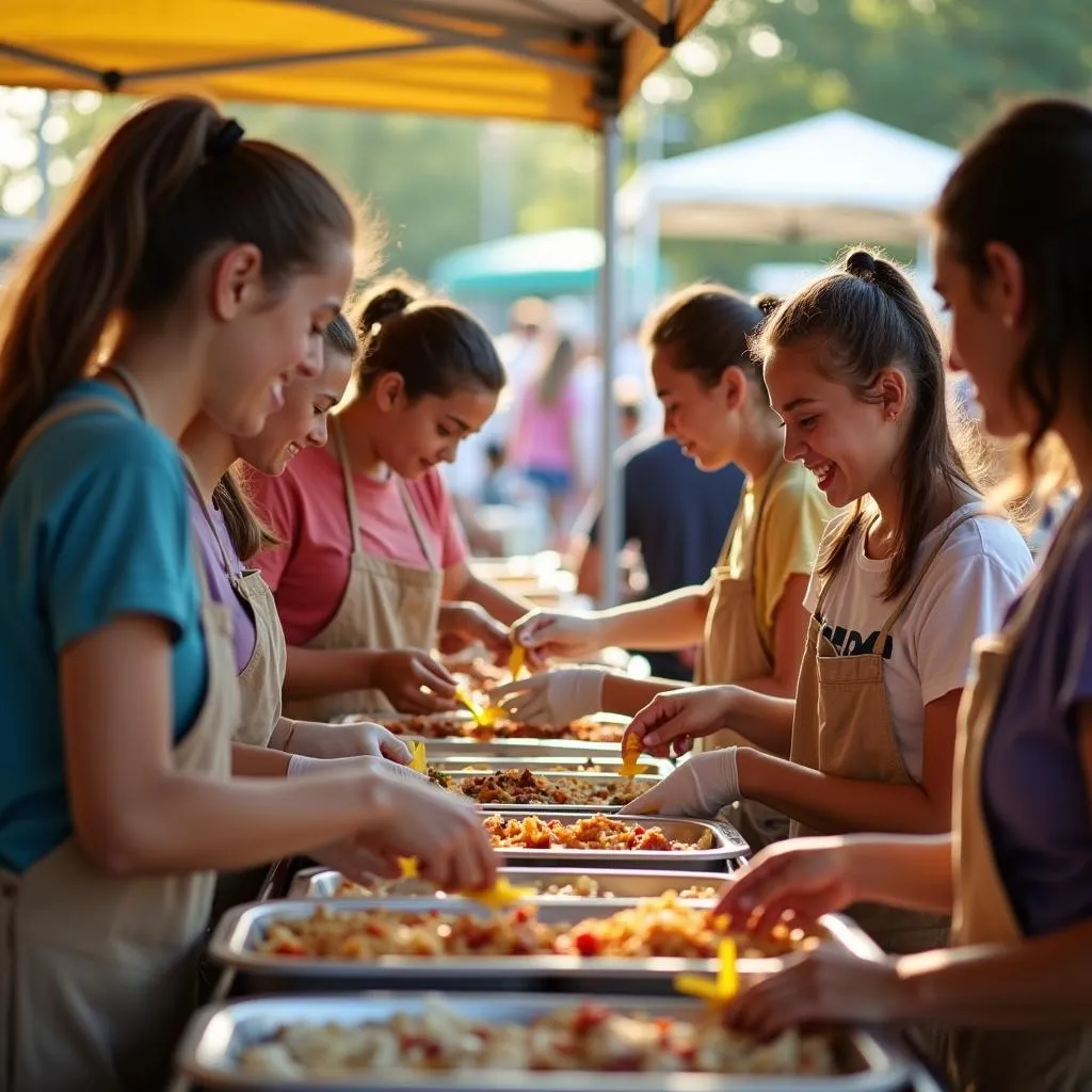 Students volunteering at a community festival food stall