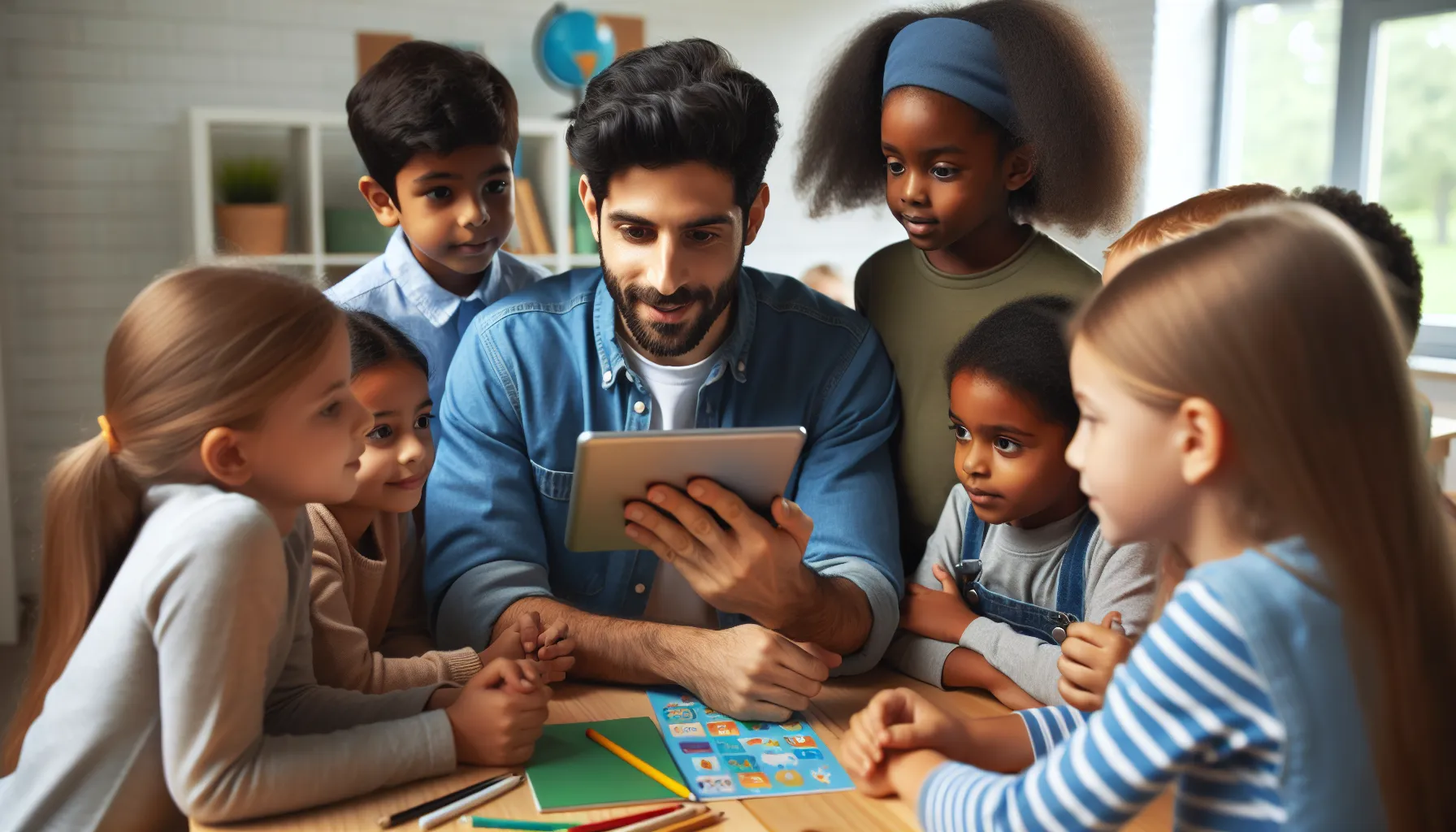 Teacher Guiding Students on Tablet