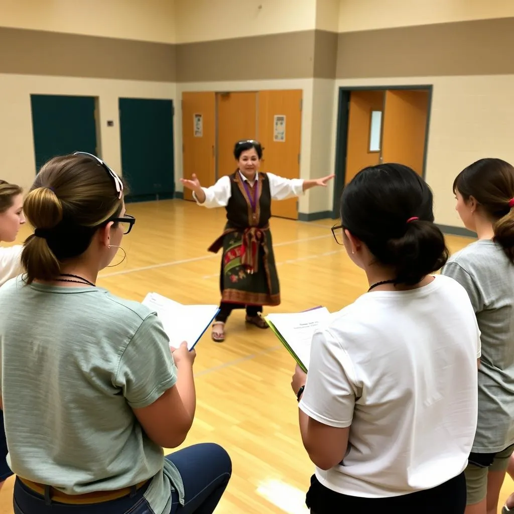 Instructors learning traditional dance from cultural expert