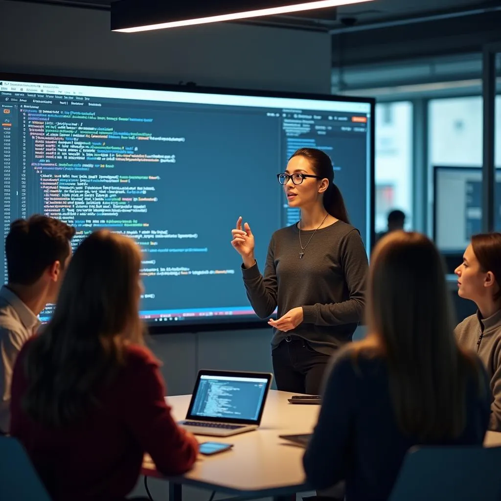 Tech-savvy person explaining computer code to colleagues