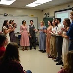 Students performing historical play in classroom