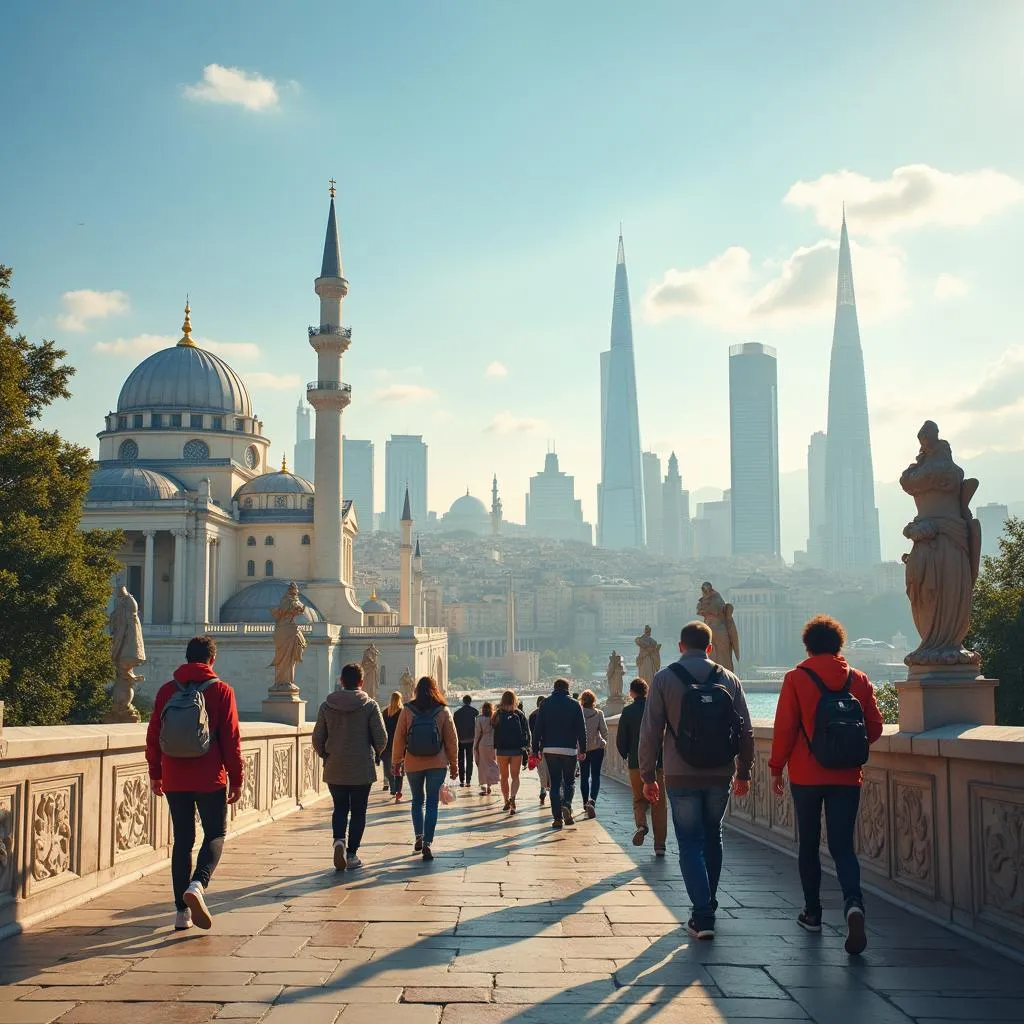 Tourists visiting landmarks in the host city