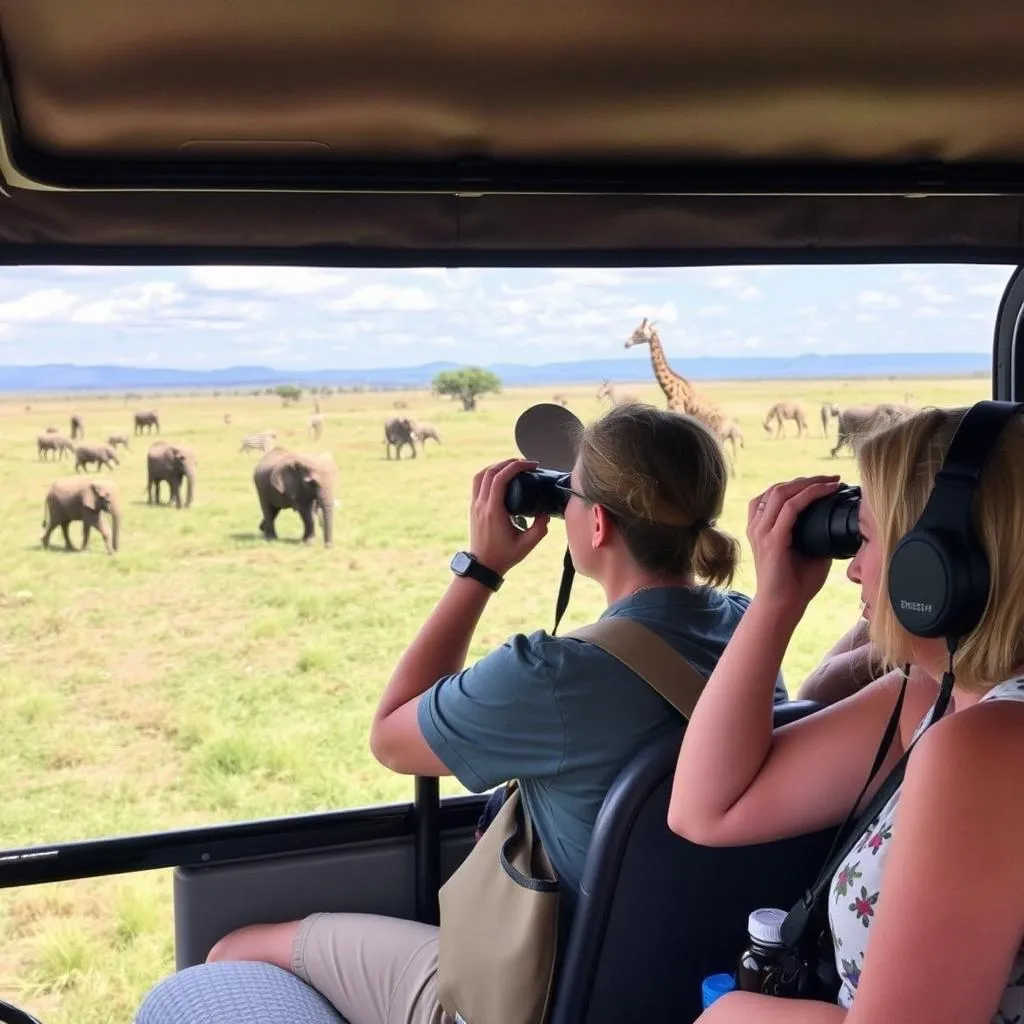 Tourists observing wildlife on safari