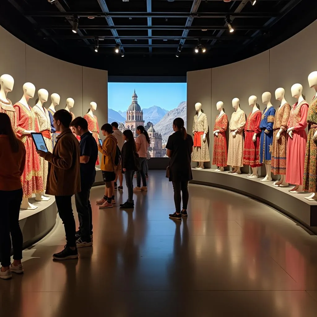 Museum exhibition showcasing traditional clothing from various cultures