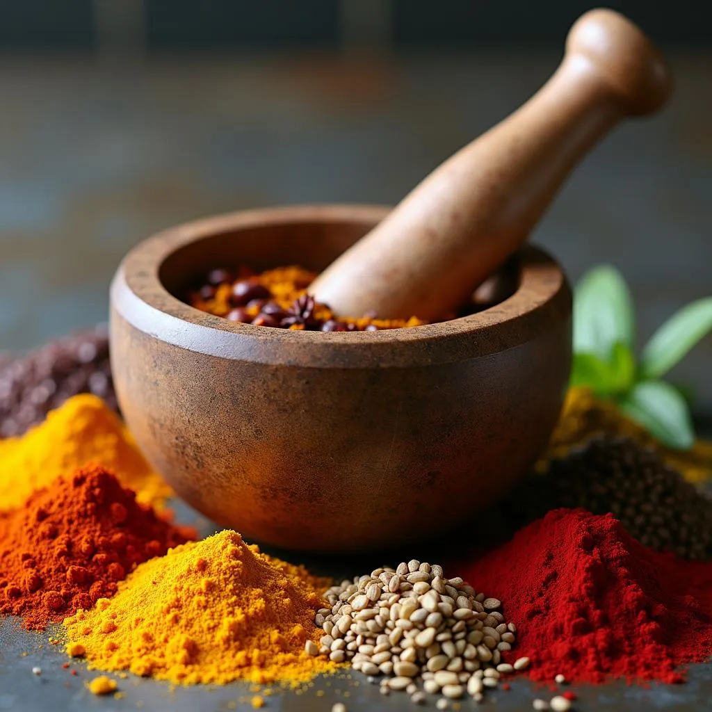 Mortar and pestle with spices