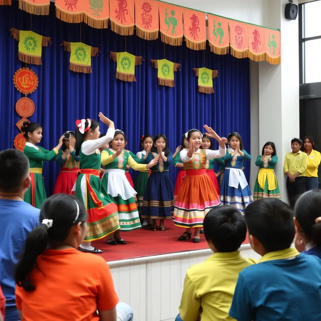 Students performing traditional dance on stage