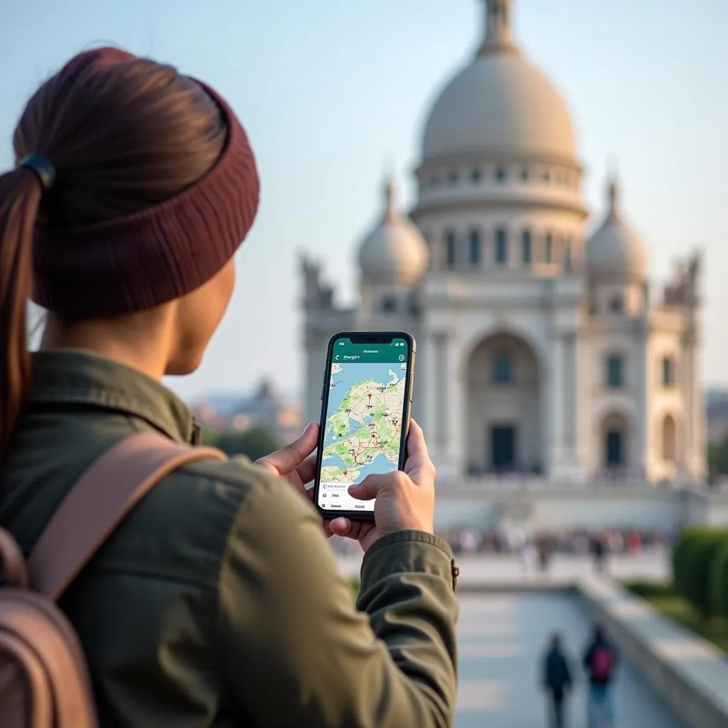 Traveler using smartphone app for navigation