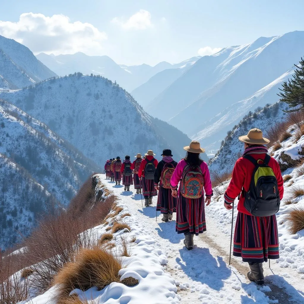 Tourists trekking in Sapa mountains