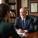 A mentor and mentee discussing in an office