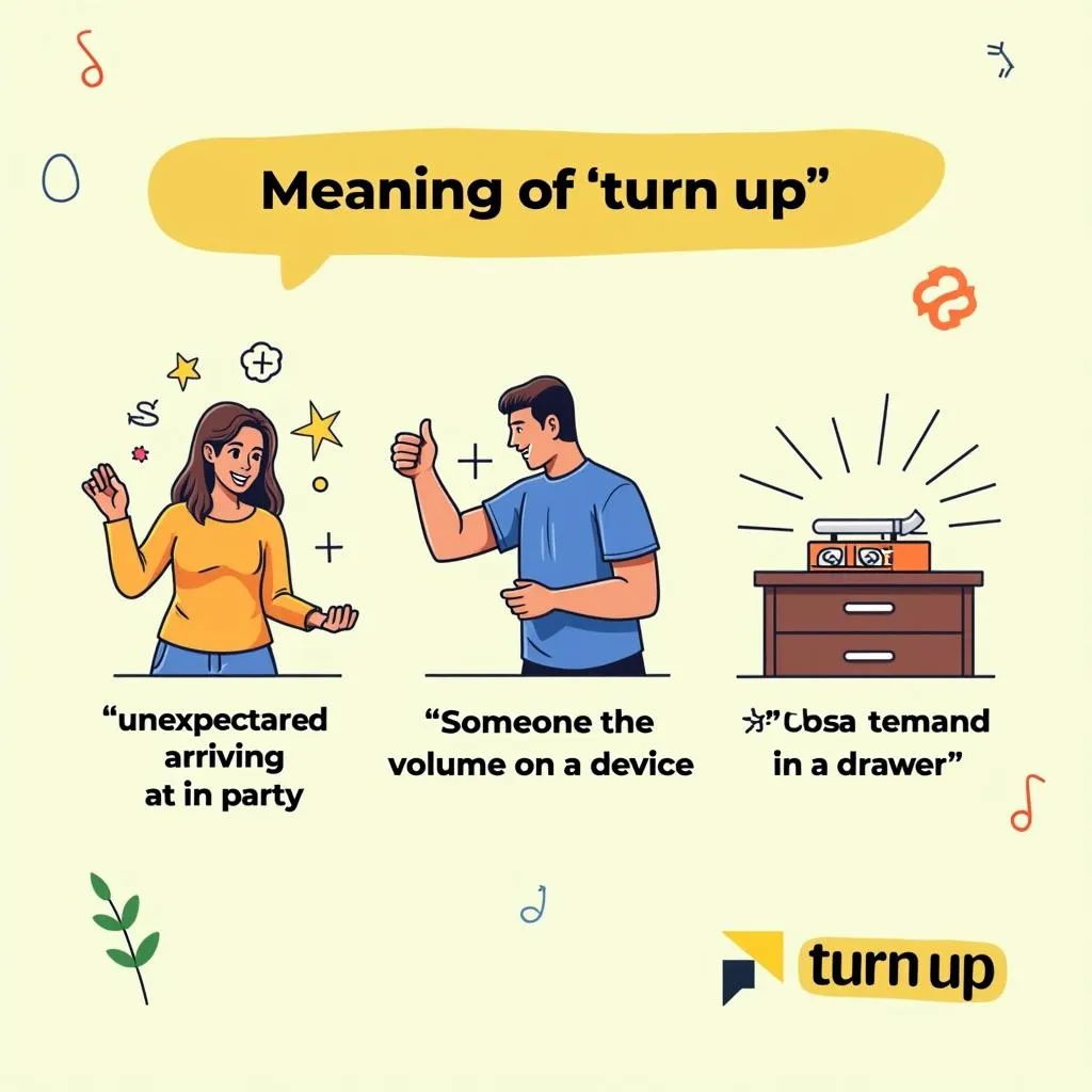 Various contexts of 'Turn up' phrasal verb