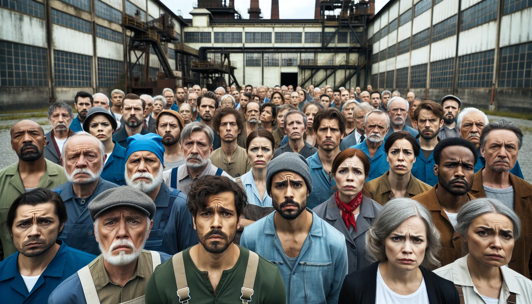 Group of unemployed factory workers looking concerned