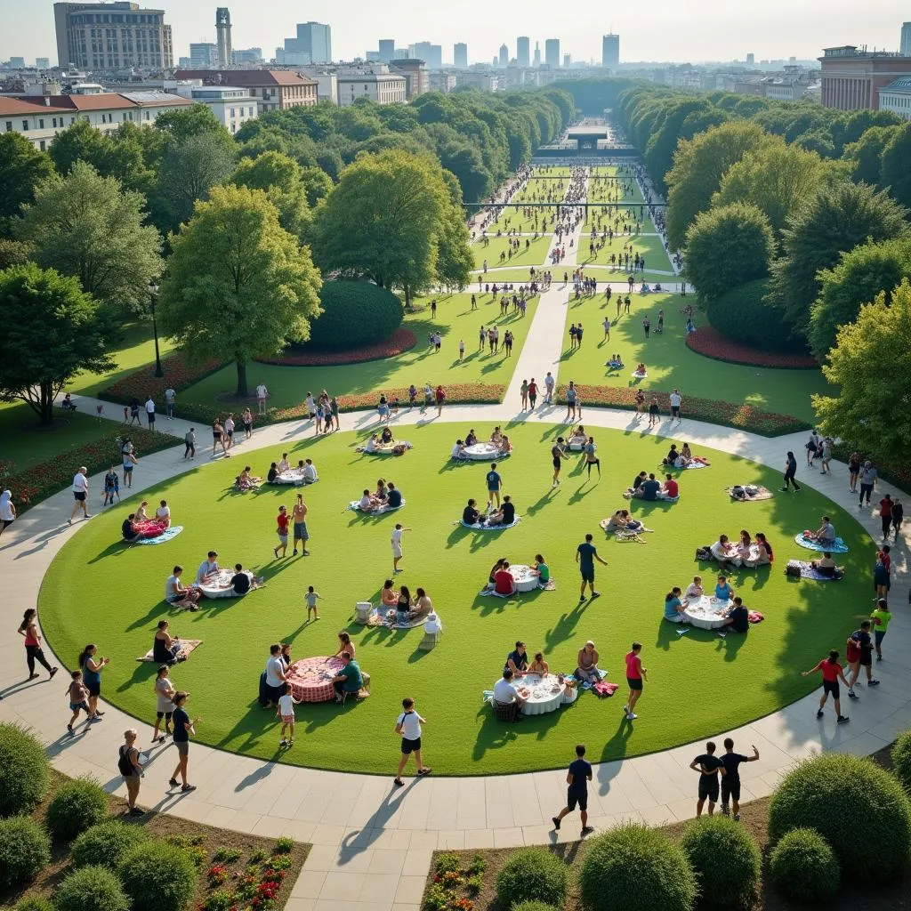 Vibrant urban park with diverse activities