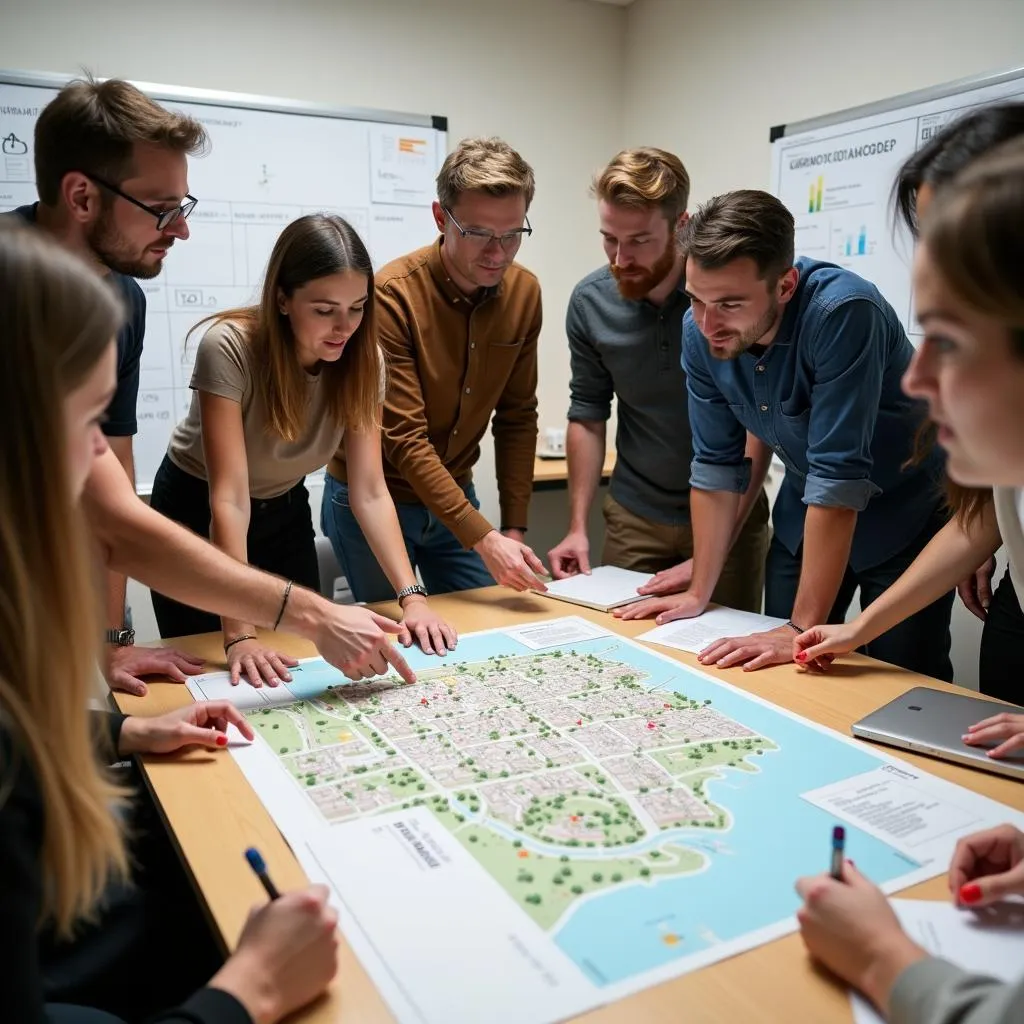 Diverse team of professionals brainstorming urban planning ideas