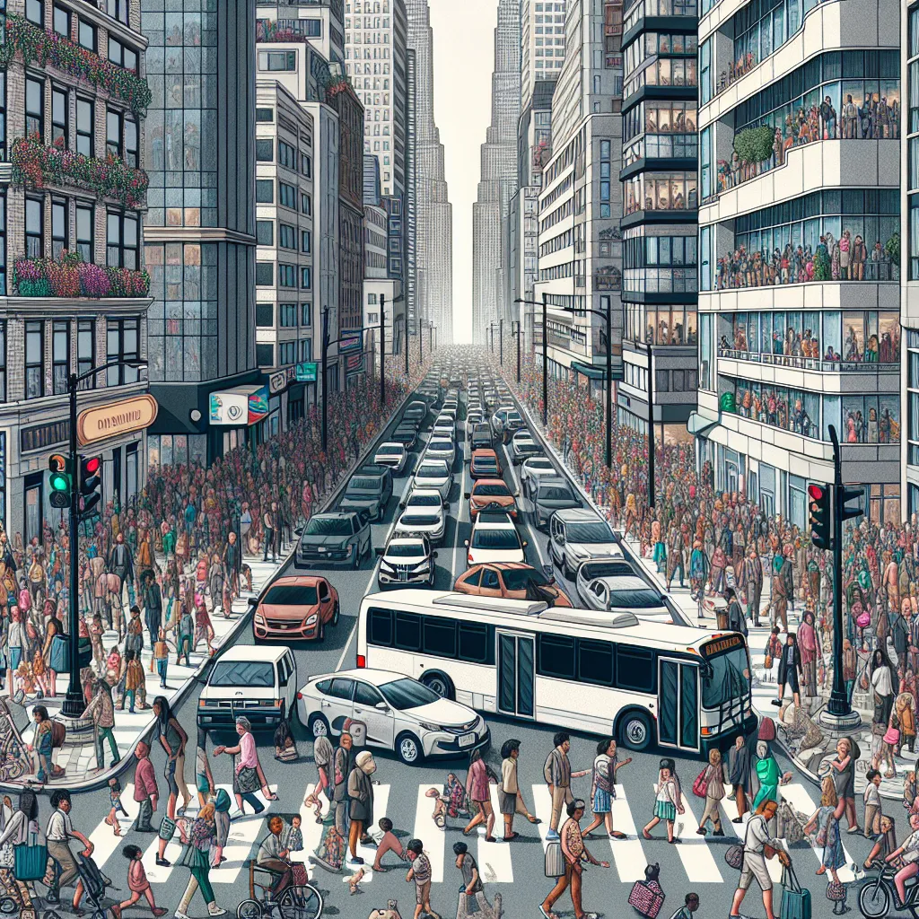 Crowded city street with people and traffic