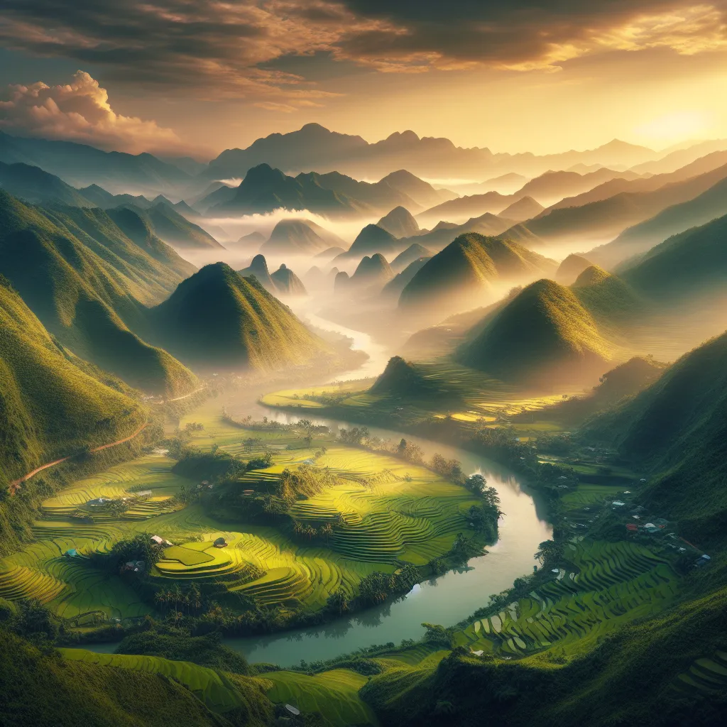 Vietnamese landscape with mountains and rice fields