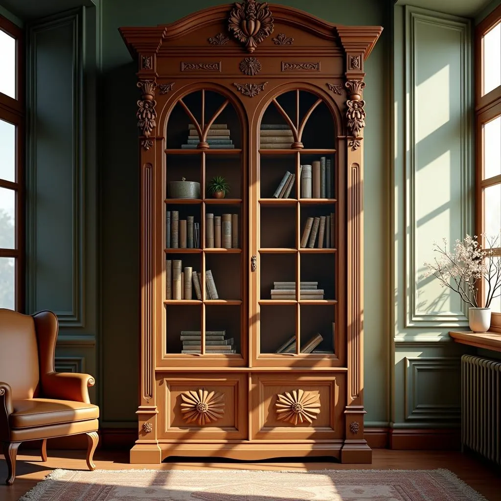 Vintage bookshelf in a cozy study room