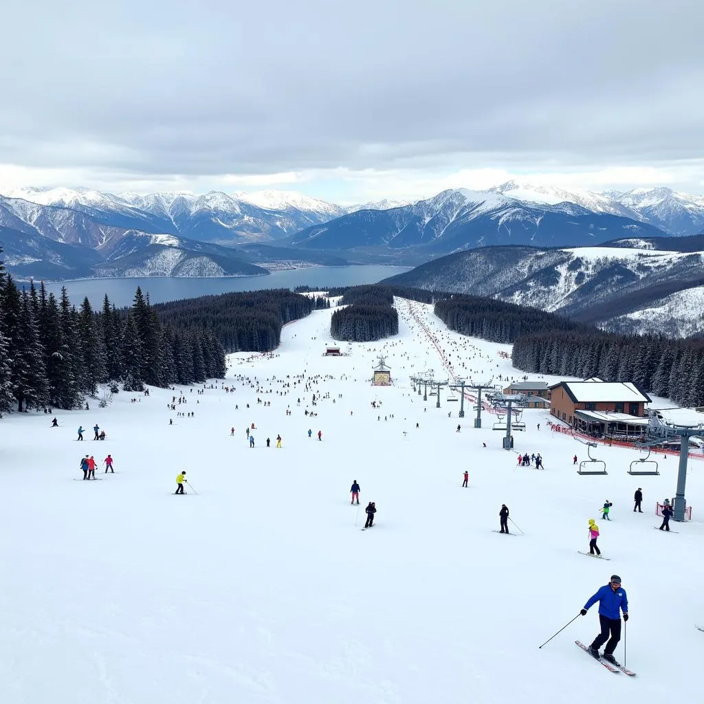 Skiers and snowboarders enjoying winter sports at a mountain resort