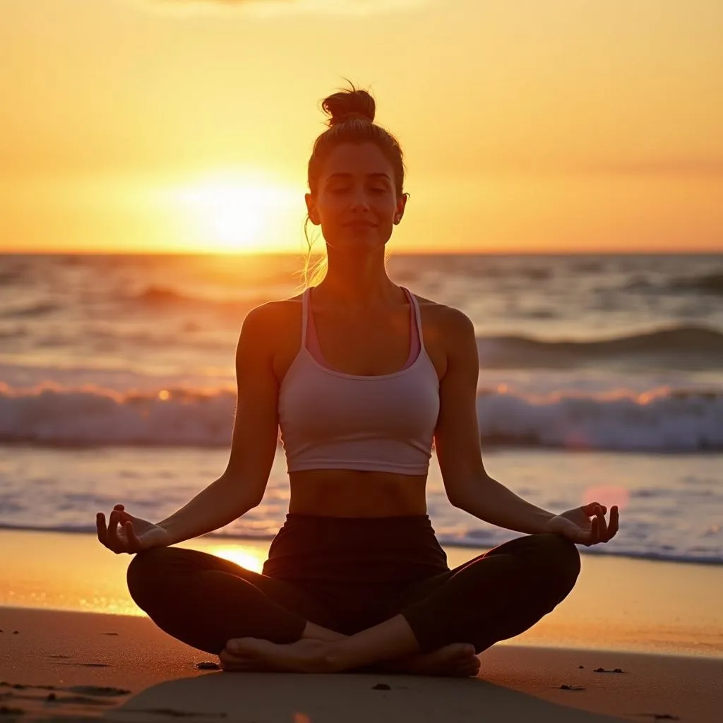 Woman meditating on the beach at sunset